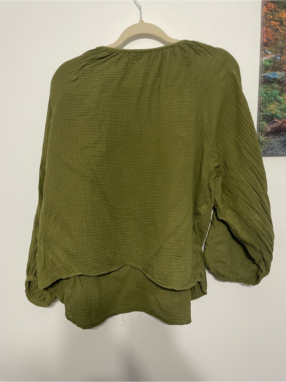 Olive Green Peasant Blouse with Tie Neck - 3/4 Sleeve universal Thread size L - Picture 3 of 5